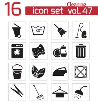 Vector black cleaning icons set Stock Illustration