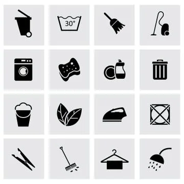 Vector black cleaning icons set Stock Illustration