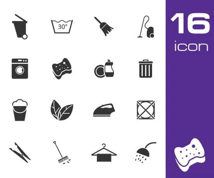 Vector black cleaning icons set Stock Illustration