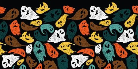 Vector black colourful cute sketch of cartoon ghosts horizontal border patt.. Stock Illustration
