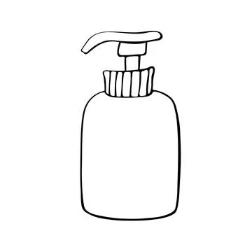 Vector black contour of bottle with dispenser, cosmetic bottle, sanitizer, ha Stock Illustration