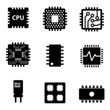 Vector black CPU microprocessor and chips icons set Stock Illustration