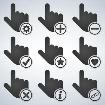 Vector black cursor icon set with set of icons in the circle. Stock Illustration