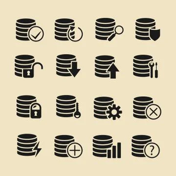Vector black database icon set. Stock Illustration