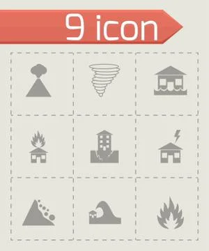 Vector black disaster icon set Stock Illustration