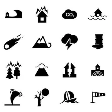 Vector black disaster icon set Illustrazione stock