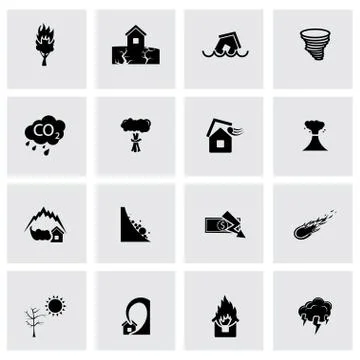 Vector black disaster icons set Stock Illustration
