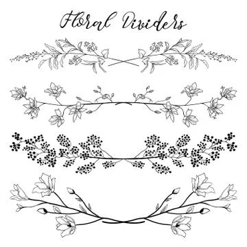 Vector Black Dividers with Branches, Plants and Flowers Stock Illustration