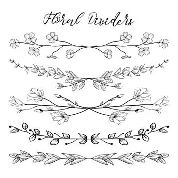 Vector Black Dividers with Branches, Plants and Flowers Stock Illustration