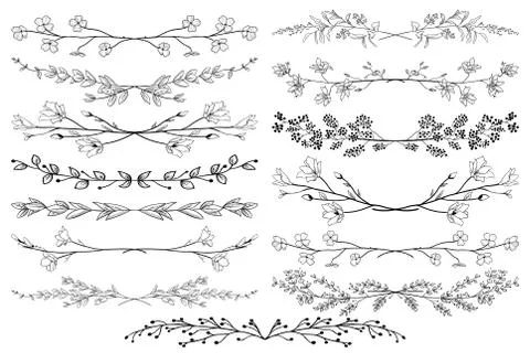Vector Black Dividers with Branches, Plants and Flowers Stock Illustration