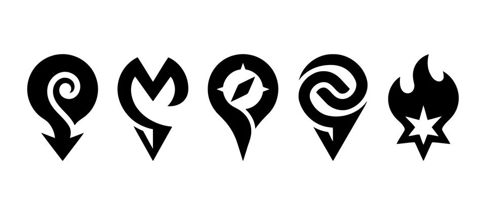 Vector of Black fantasy map pin icons with flame symbol Stock Illustration