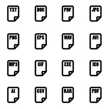 Vector black file type icon set Stock Illustration