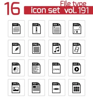 Vector black file type icons set Illustrazione stock