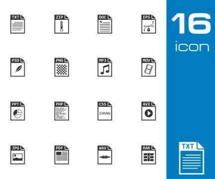 Vector black file type icons set Stock Illustration