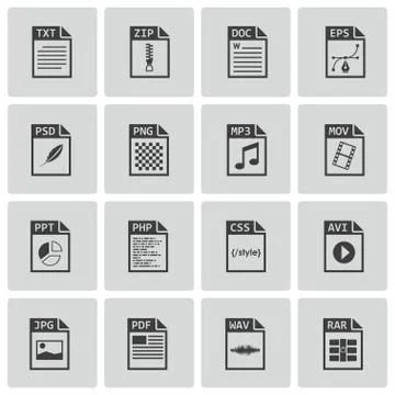 Vector black file type icons set Stock Illustration