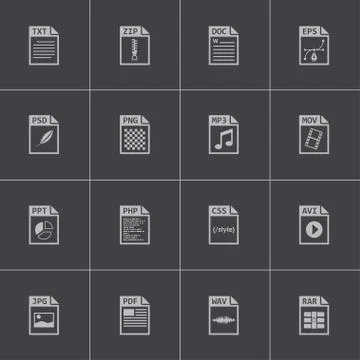 Vector black file type icons set Illustrazione stock