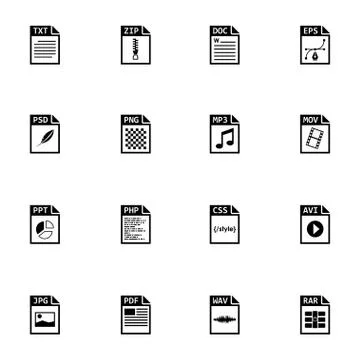 Vector black file type icons set Stock Illustration