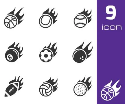 Vector black fire sport balls icons set Stock Illustration