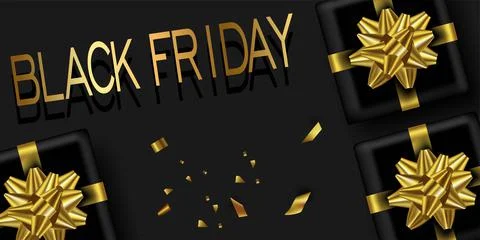 Vector. Black Friday. Realistic black gift boxes with gold bow, confetti. Stock Illustration