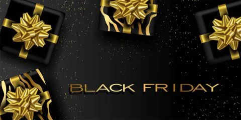 Vector. Black Friday Super Sale. Realistic black gift boxes with gold bow. Stock Illustration