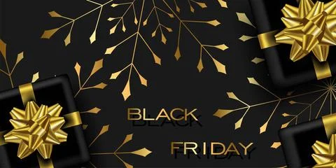 Vector. Black Friday Super Sale. Realistic black gift boxes with golden bow, Stock Illustration
