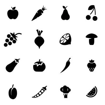 Vector black fruit and vegetables icon set Stock Illustration