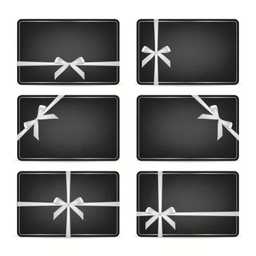 Vector Black Gift Cards With Silver Ribbon Bows Set. Luxury Voucher, Coupon Stock Illustration