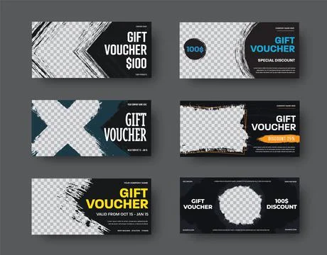 Vector black gift voucher templates with grunge elements and place for photo. Stock Illustration