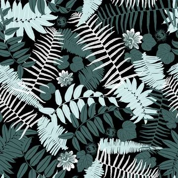 Vector black green mint jungle ferns seamless repeat pattern. Suitable for fa Stock Illustration