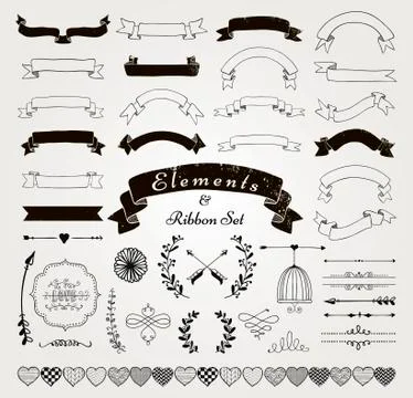 Vector Black Hand Drawn Design Elements and Ribbons Set Stock Illustration