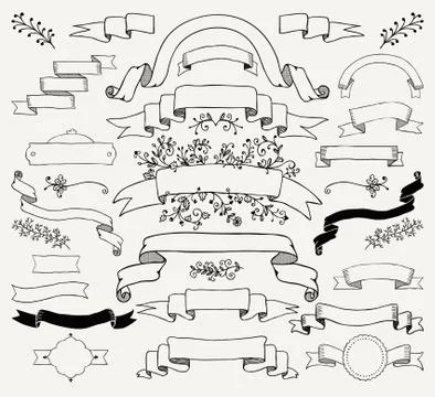 Vector Black Hand Drawn Ribbons, Banners, Florals Stock Illustration