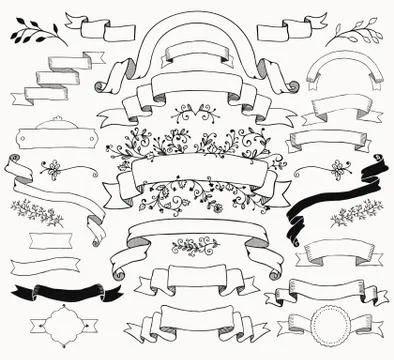 Vector Black Hand Drawn Ribbons, Banners, Florals 스톡 일러스트
