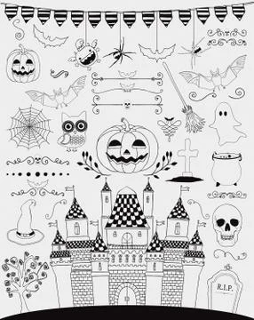 Vector Black Hand Sketched Doodle Halloween Icons Stock Illustration