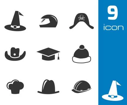 Vector black helmet and hat icons set Stock Illustration