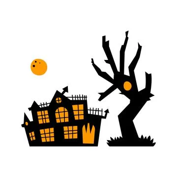 Vector black house with a tree with an orange moon. Cute Halloween card. Cart Stock Illustration