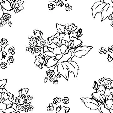 Vector Black Ink Brushed Roses on White seamless pattern background. Perfect for Stock Illustration