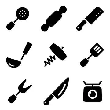 Vector black kitchen and cooking icons set Stock Illustration