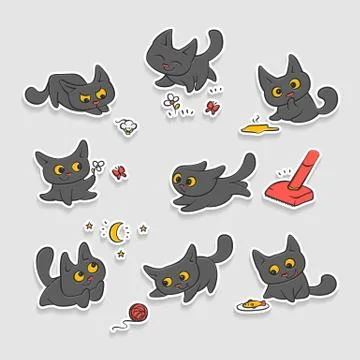 Vector black kittens stickers. Small cat different emotions and situations Stock Illustration