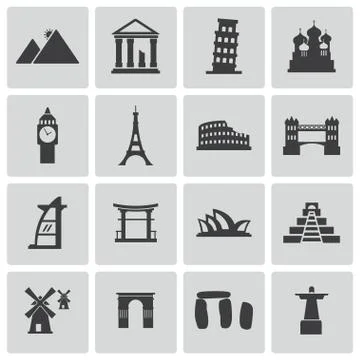 Vector black landmark icons set Stock Illustration