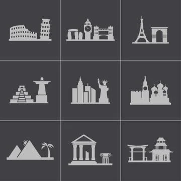 Vector black landmarks icons set Stock Illustration