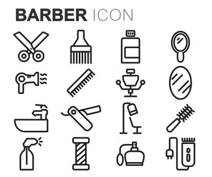 Vector black line barber icons set Stock Illustration