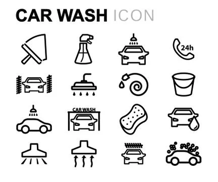 Vector black line car wash icons set Stock Illustration