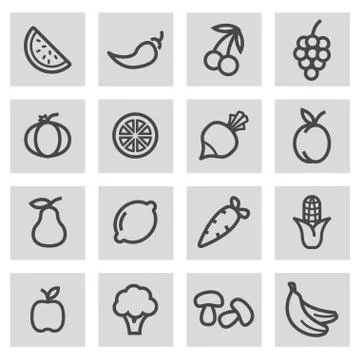 Vector black line fruit and vegetables icons set Stock Illustration