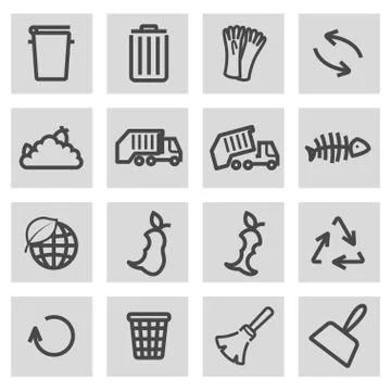 Vector black line garbage icons set Stock Illustration
