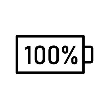 Vector black line icon 100 percent battery charge isolated on white backgroun Stock Illustration