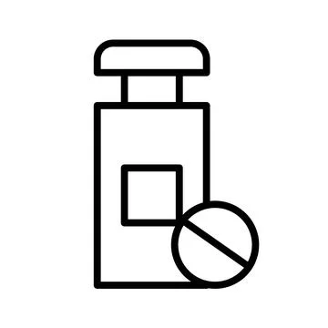 Vector black line icon bottle with pills isolated on white background Stock Illustration