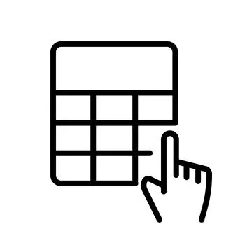 Vector black line icon hand presses the calculator isolated on white backgrou Stock Illustration