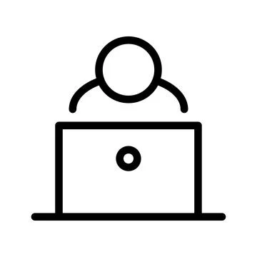 Vector black line icon man working at a computer isolated on white background Stock Illustration