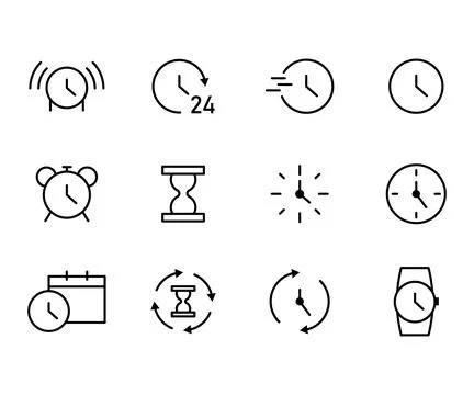 Vector black line icon set time. Outline symbol illustration clock business.. Stock Illustration