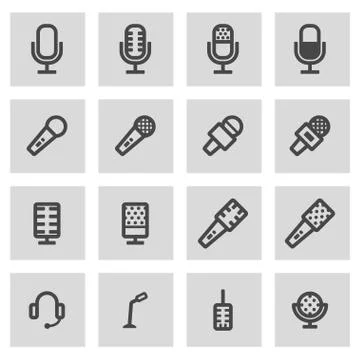 Vector black line microphone icons set Stock Illustration